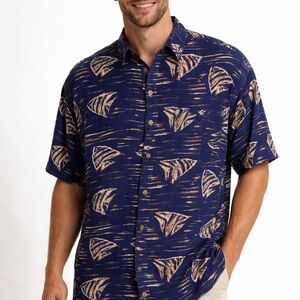 Vintage Pineapple Moon‎ Hawaiin Shirt XL Blue Fish Print Rayon Made In Pakistan